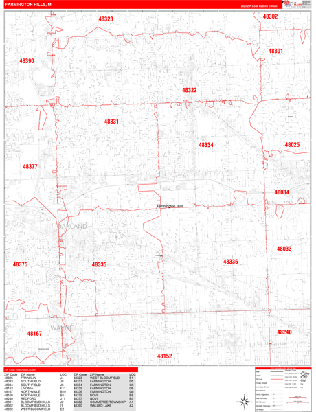 Farmington Hills Michigan Zip Code Wall Map Red Line Style By Marketmaps Mapsales 8726
